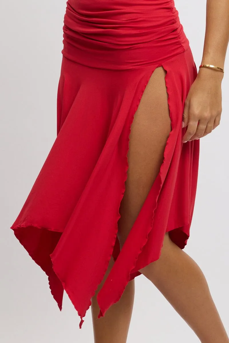 Red Scarf Hem Skirt High Rise Midi Asymm Supersoft