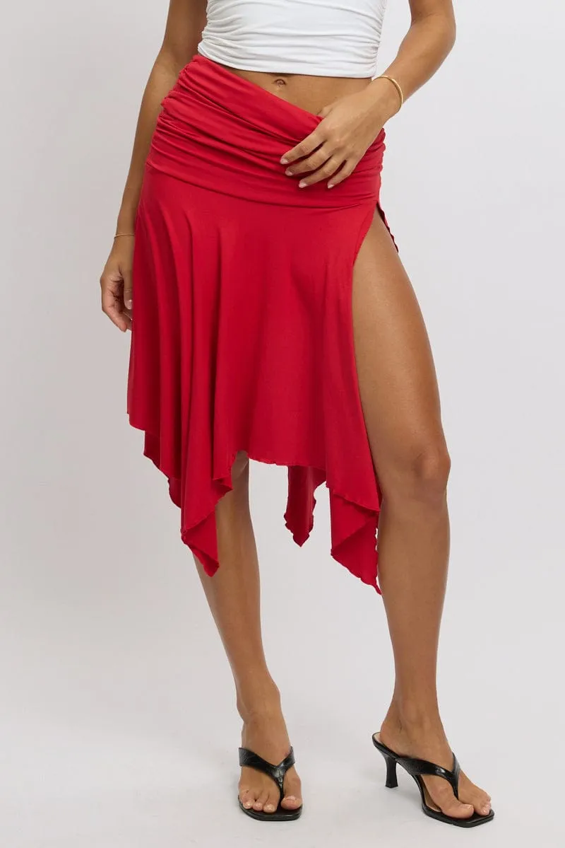 Red Scarf Hem Skirt High Rise Midi Asymm Supersoft