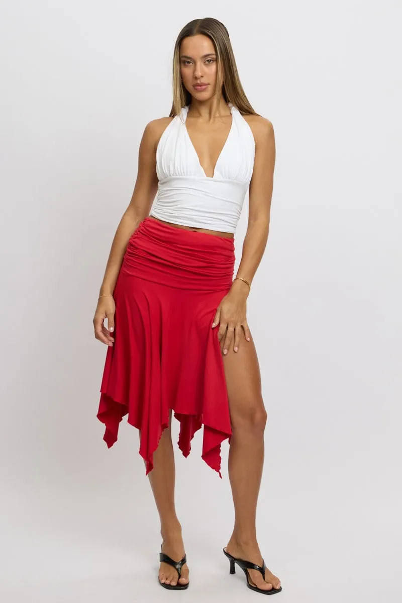 Red Scarf Hem Skirt High Rise Midi Asymm Supersoft
