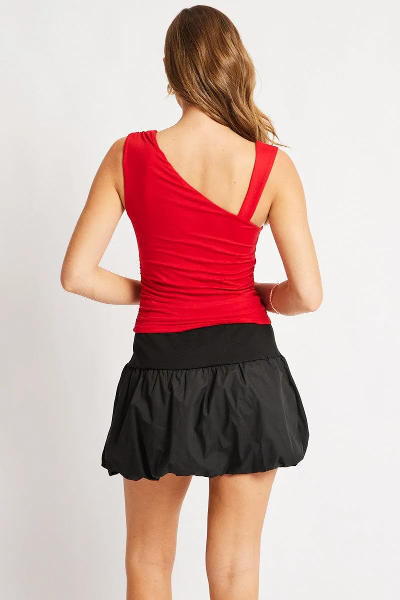 Red Sleeveless Top Asymmetrical Shoulder Straps