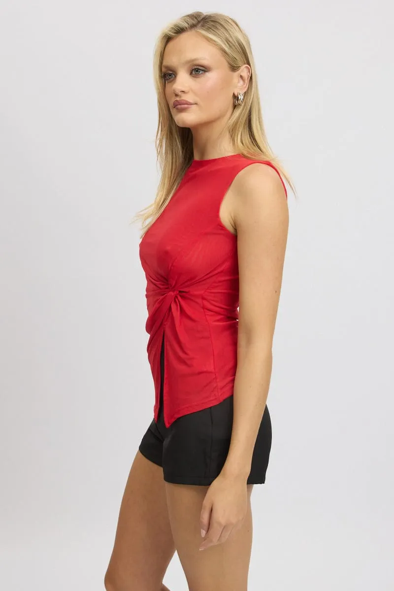 Red Twisted Top Sleeveless Mesh