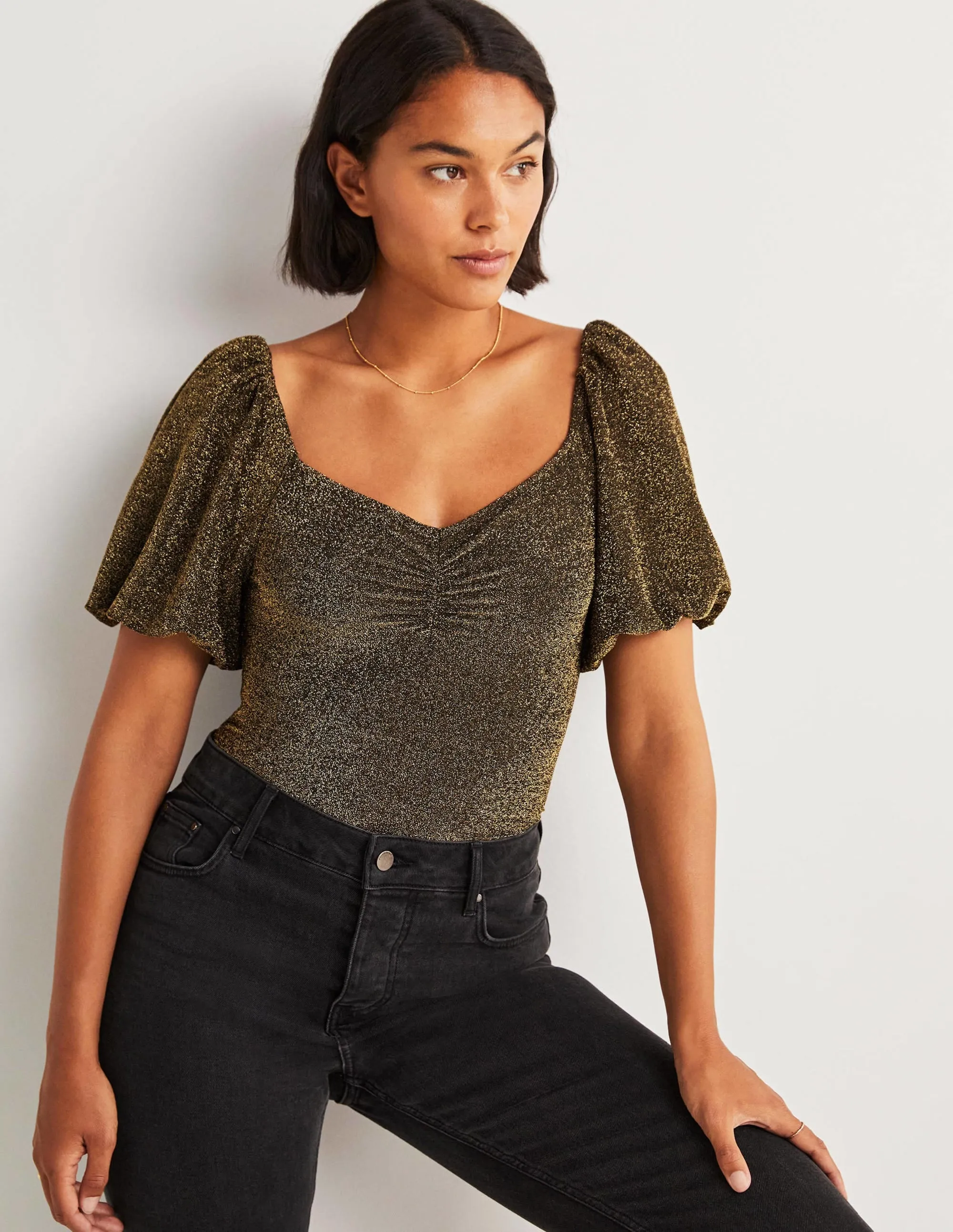 Ruched Sparkle Jersey Top-Black and Gold Sparkle