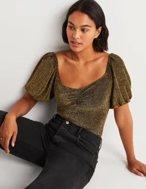 Ruched Sparkle Jersey Top-Black and Gold Sparkle