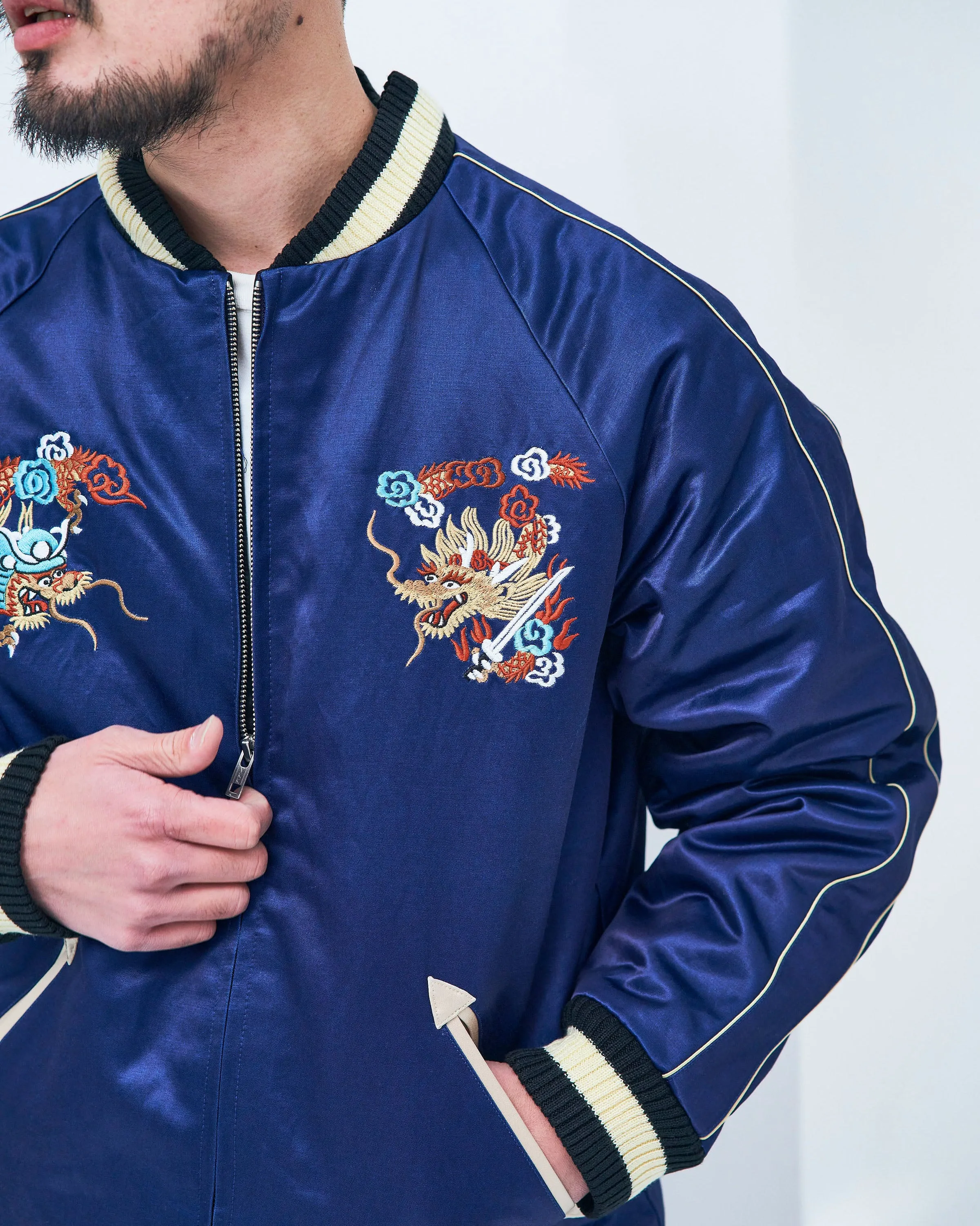 Samurai Jeans SJSKJ24 'Sukajan' Embroidered Satin Souvenir Jacket - Indigo