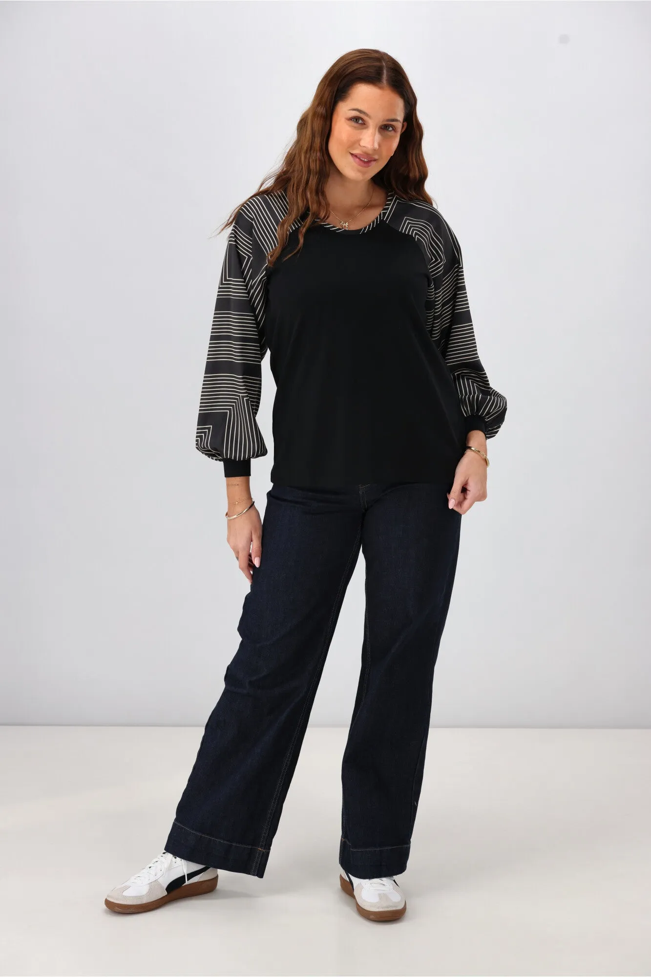 Shine On Label Mackenzie Geo Print Sleeve Top Black