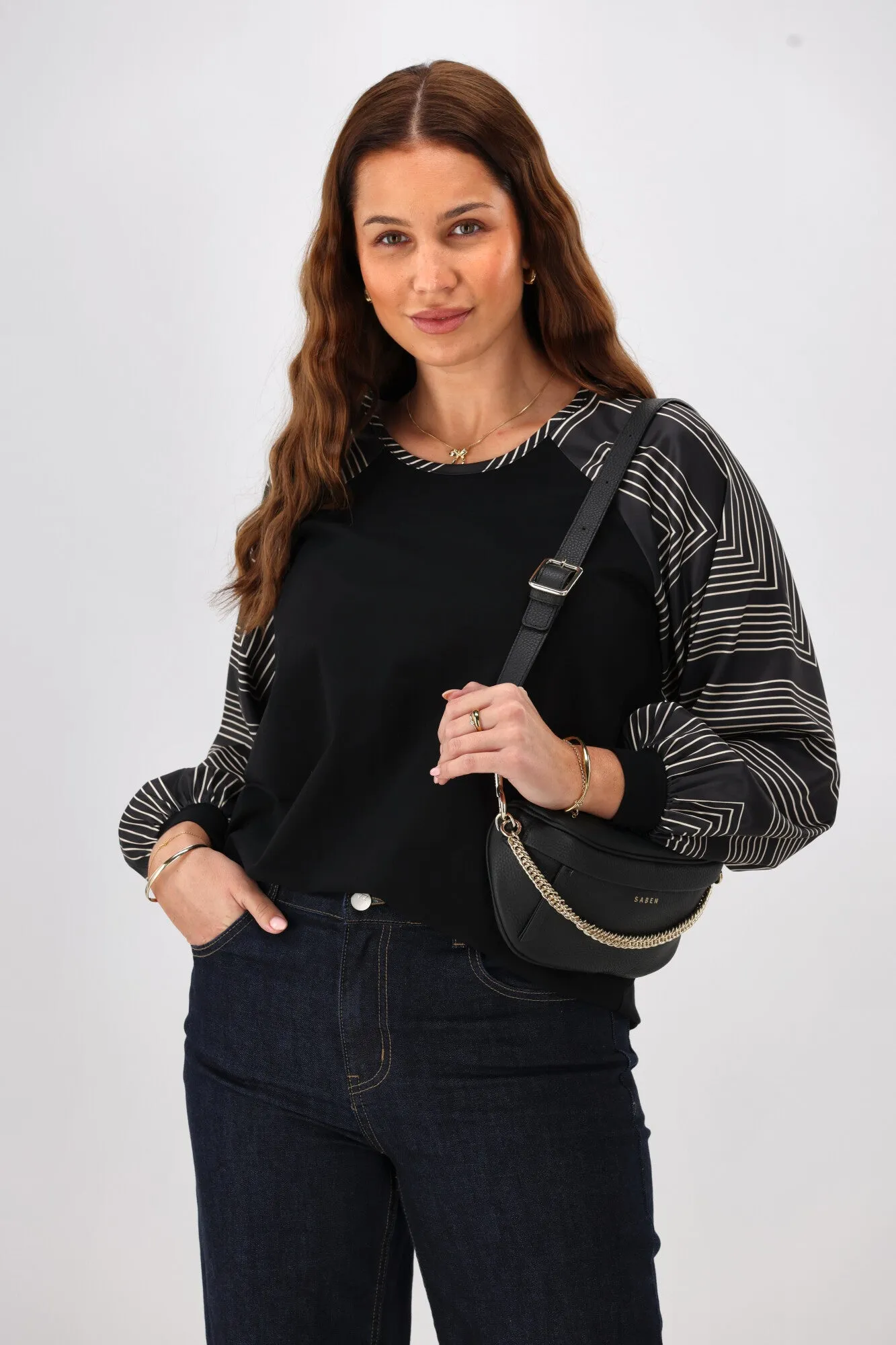 Shine On Label Mackenzie Geo Print Sleeve Top Black