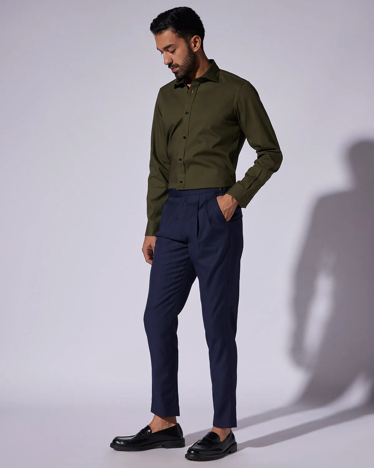 Stretch Self-Checked Slubby Shirt - Dark green