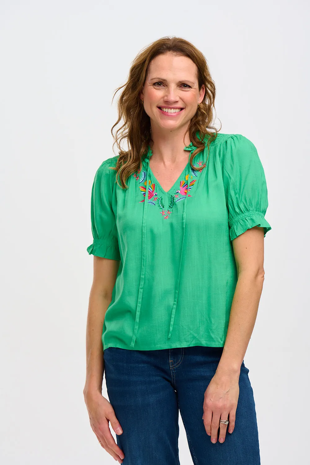 Sugarhill Angelique Shirred Top Rainbow Parrots Embroidery Green