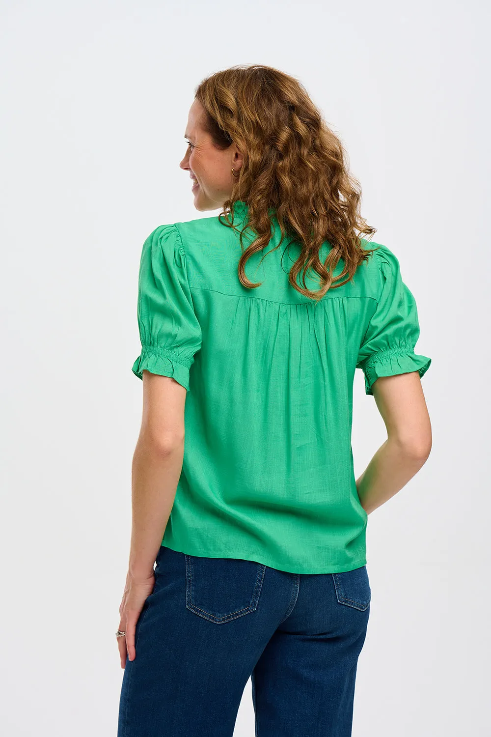 Sugarhill Angelique Shirred Top Rainbow Parrots Embroidery Green