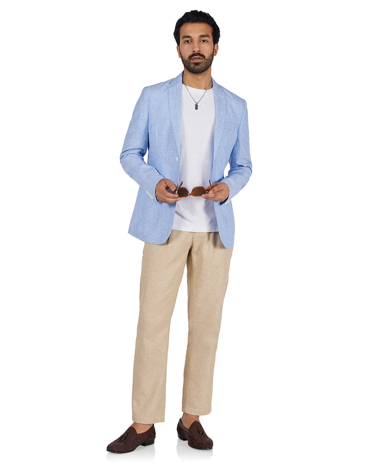The Riverrun Striped Linen Blazer - Light Blue