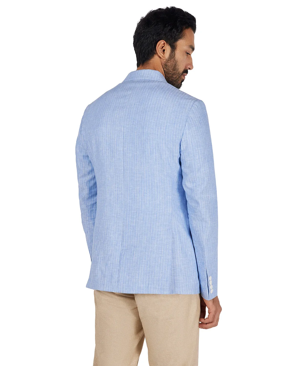 The Riverrun Striped Linen Blazer - Light Blue