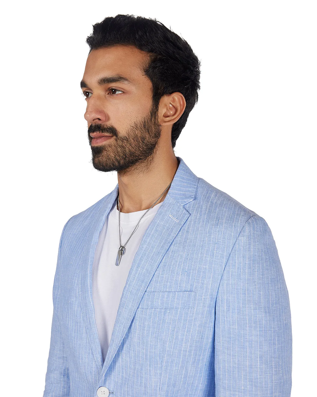 The Riverrun Striped Linen Blazer - Light Blue