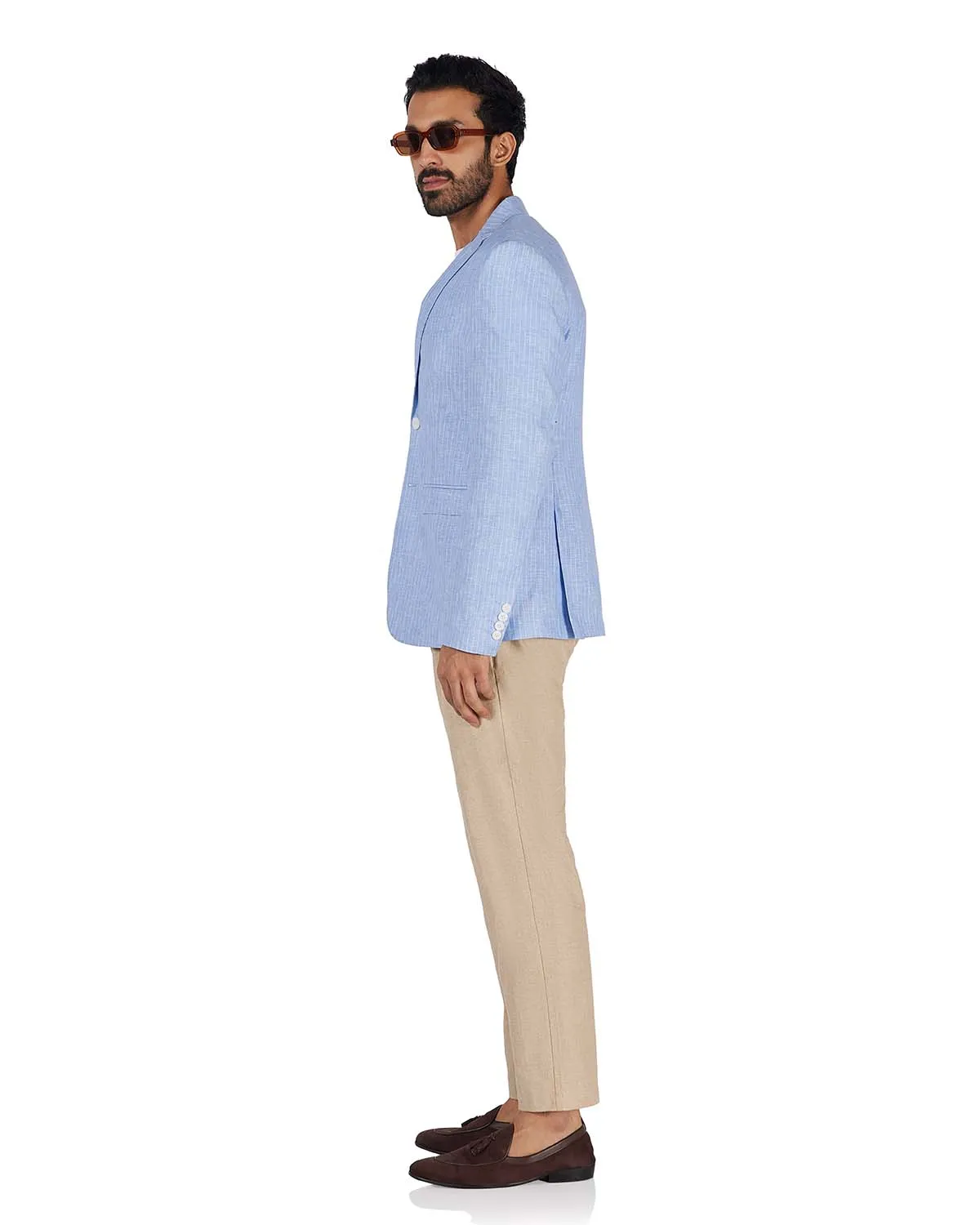 The Riverrun Striped Linen Blazer - Light Blue