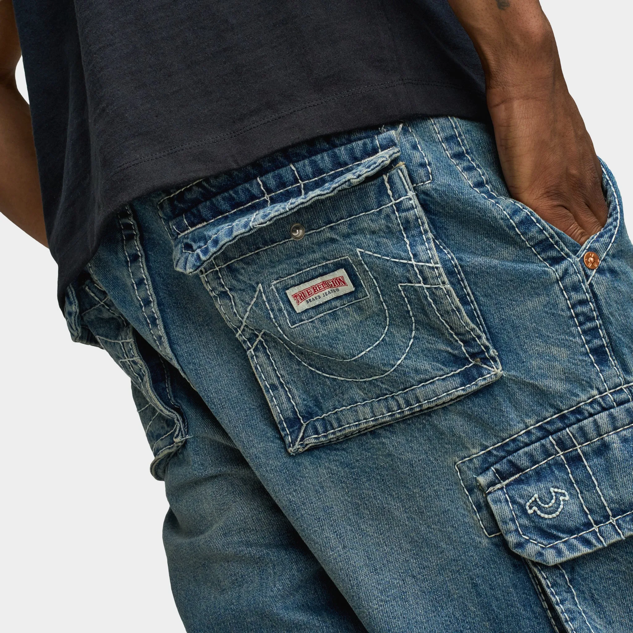 True Religion Big T Vinny Medium Wash Cargo Shorts / Blue Legend