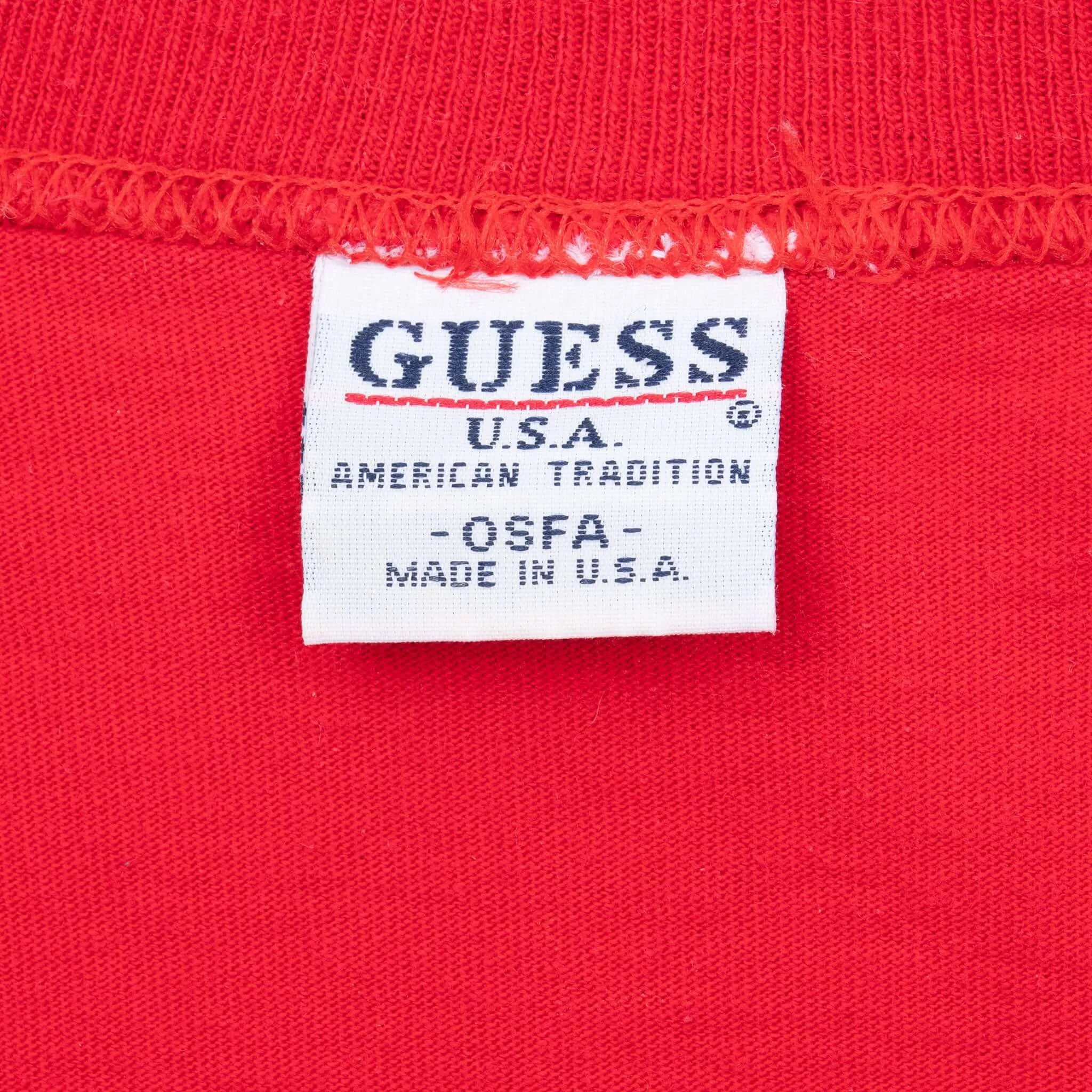 VINTAGE GUESS JEANS EMBROIDERED RED TEE SHIRT 1990S LARGE MADE IN USA