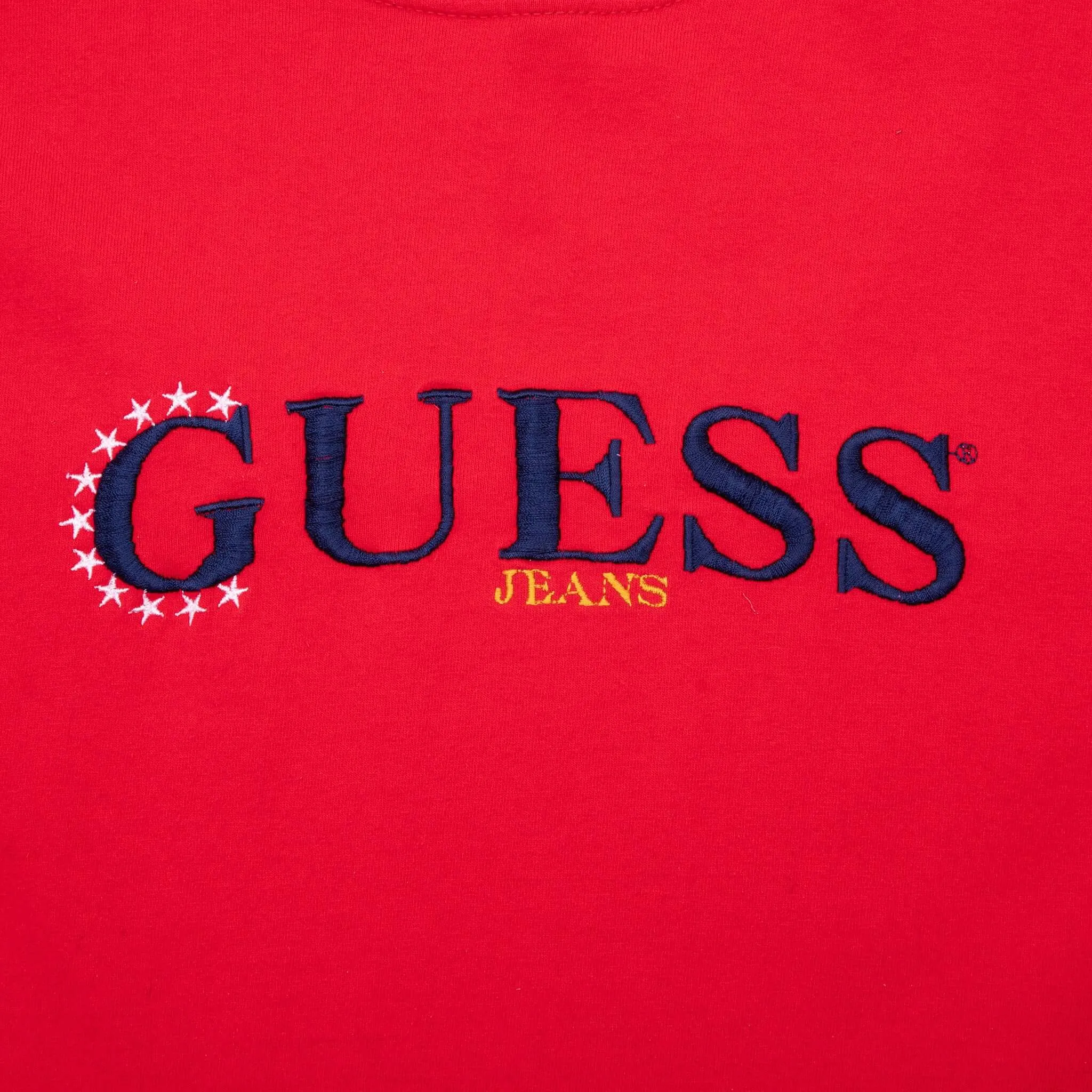 VINTAGE GUESS JEANS EMBROIDERED RED TEE SHIRT 1990S LARGE MADE IN USA