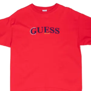 VINTAGE GUESS JEANS EMBROIDERED RED TEE SHIRT 1990S LARGE MADE IN USA