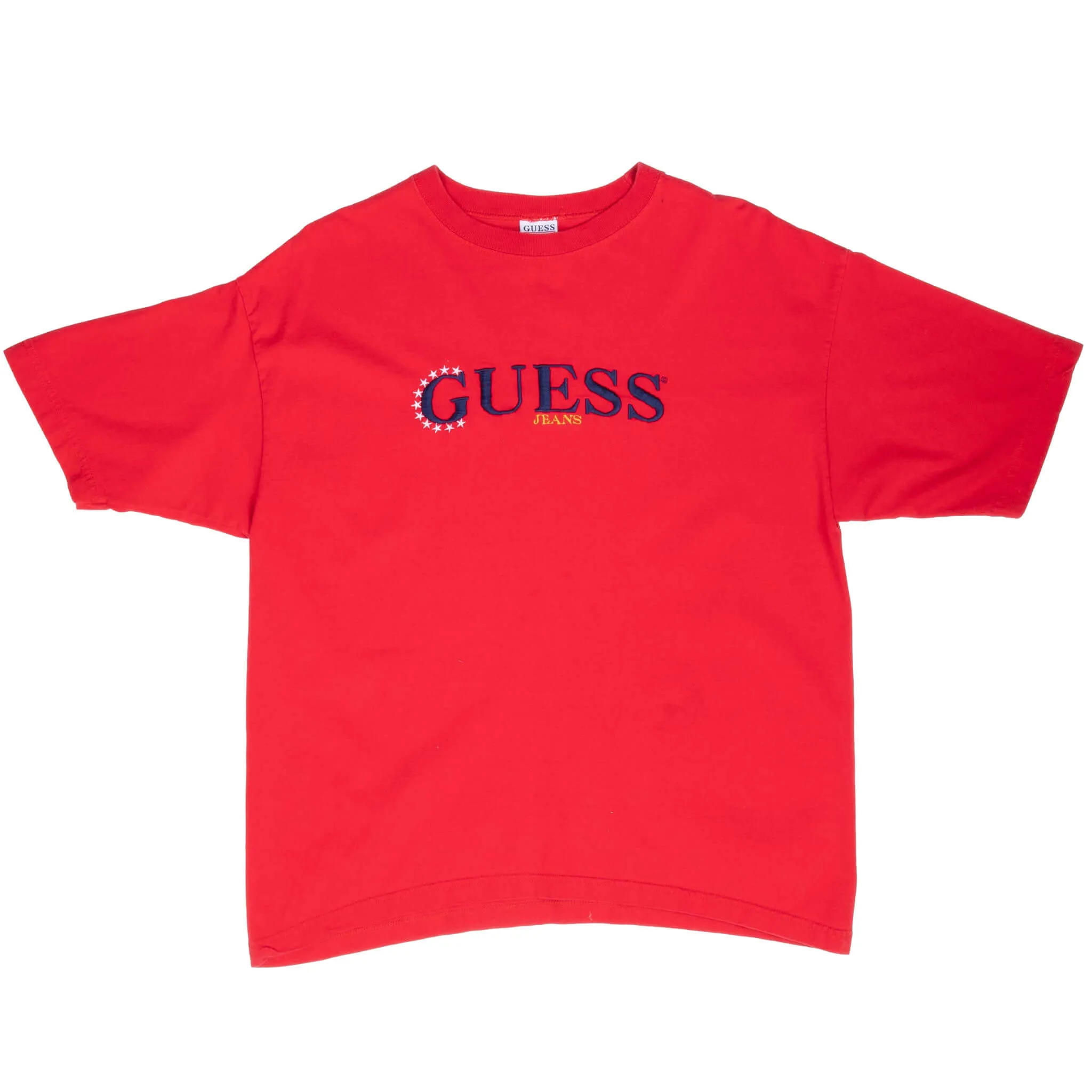 VINTAGE GUESS JEANS EMBROIDERED RED TEE SHIRT 1990S LARGE MADE IN USA