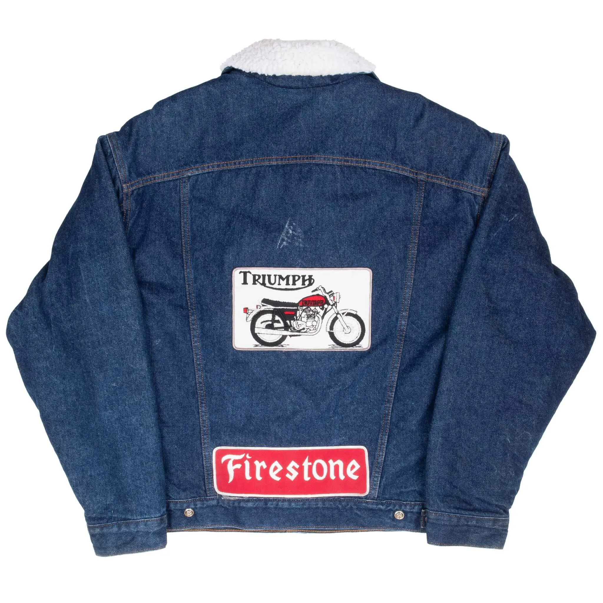 VINTAGE LEVIS SHERPA TRIUMPH PATCH TRUCKER DENIM JACKET 1990S LARGE