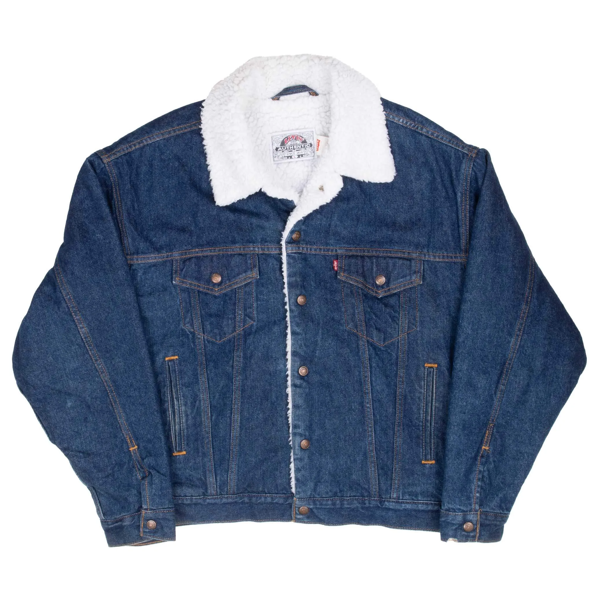 VINTAGE LEVIS SHERPA TRIUMPH PATCH TRUCKER DENIM JACKET 1990S LARGE