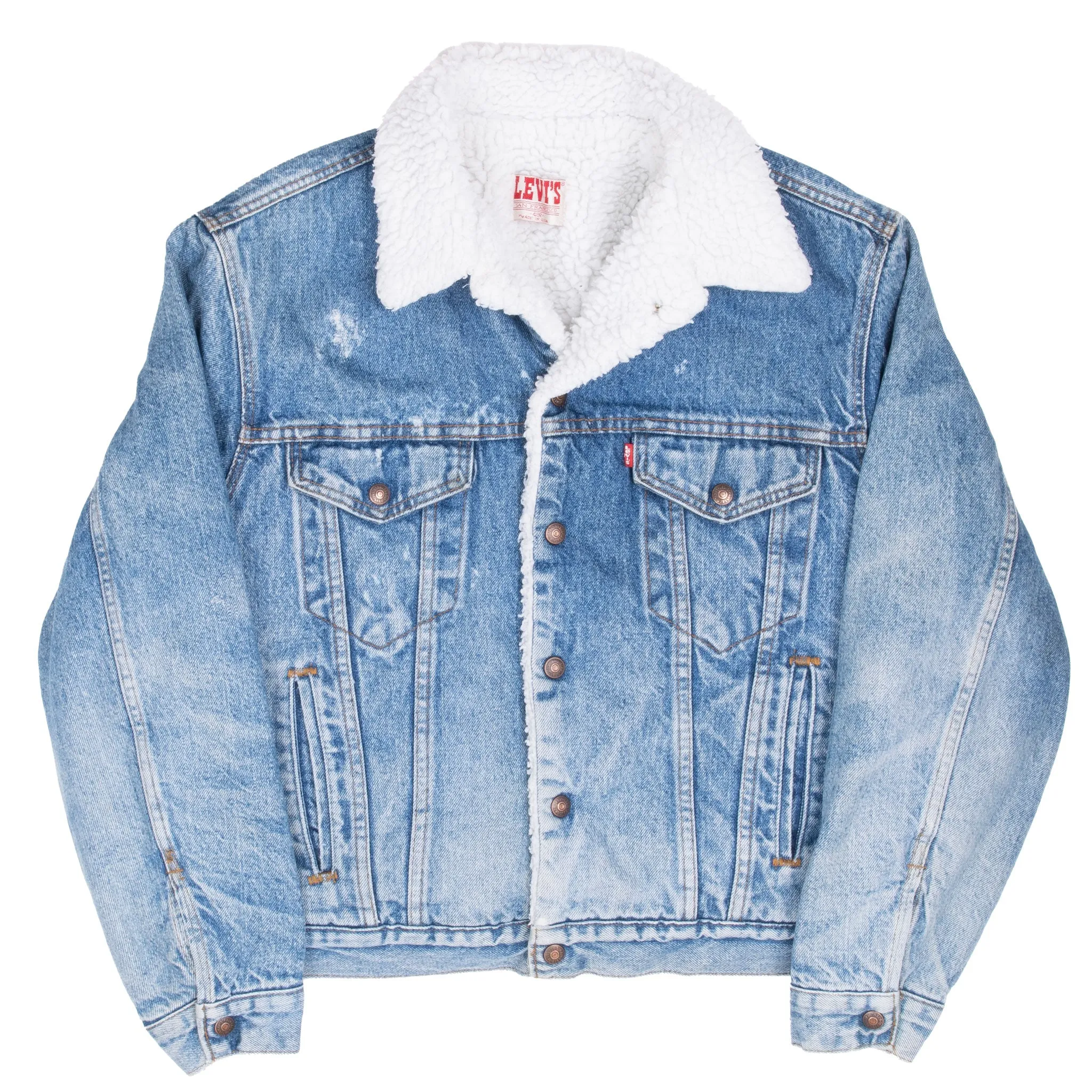 VINTAGE LEVIS SHERPA TRUCKER BLUE DENIM JACKET 1980S SIZE 42R MADE IN USA