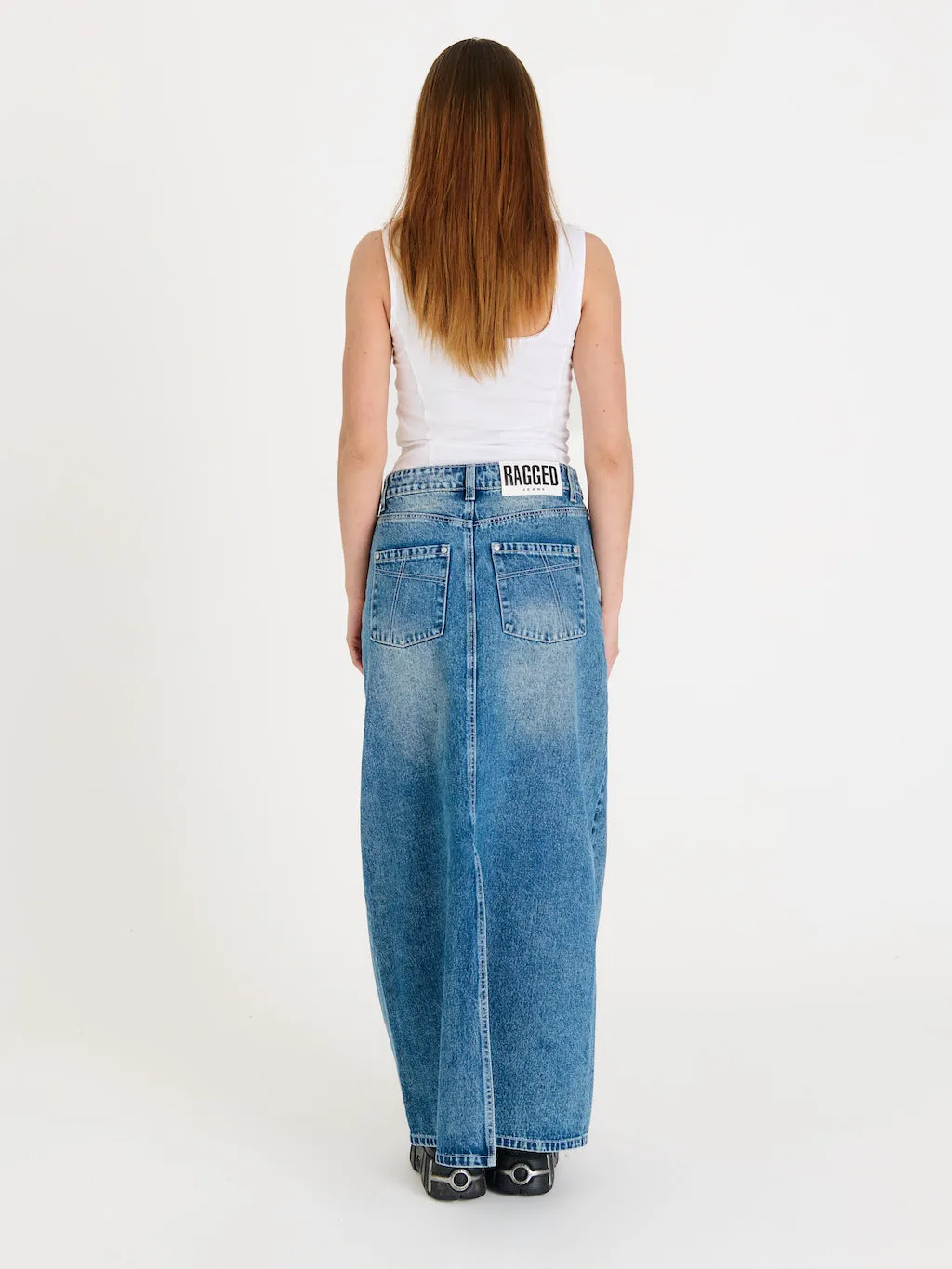 Vintage Washed Denim Maxi Skirt