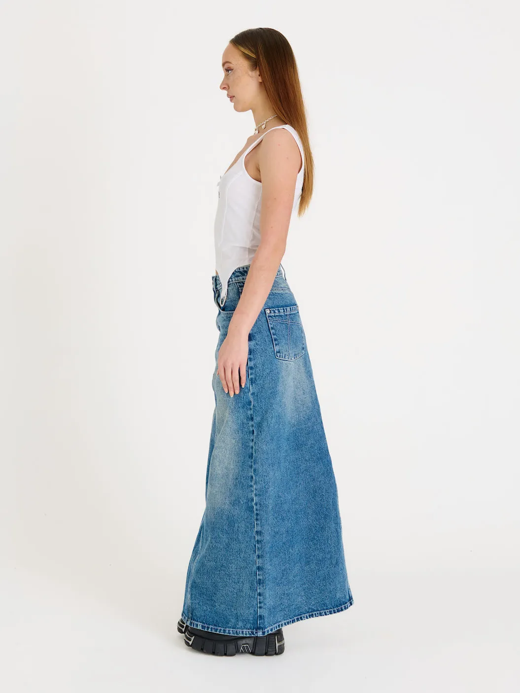Vintage Washed Denim Maxi Skirt