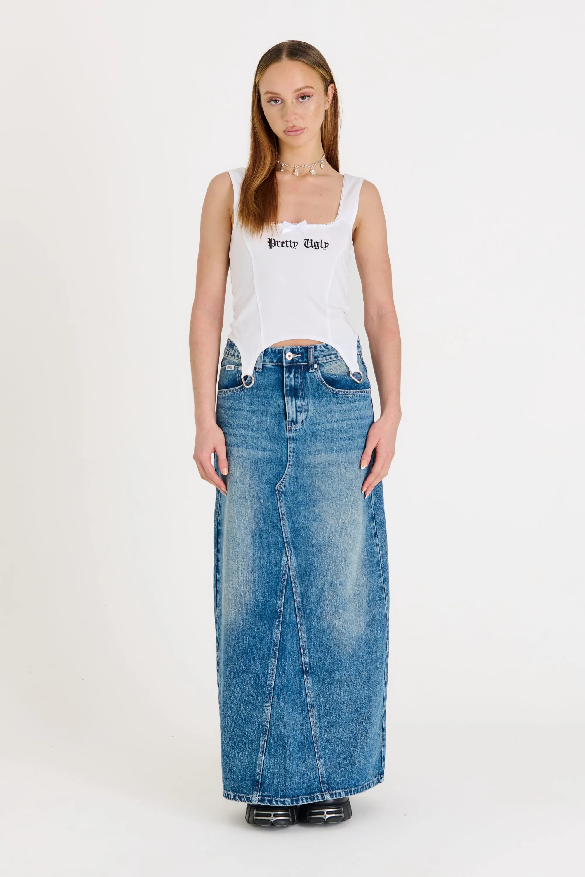 Vintage Washed Denim Maxi Skirt
