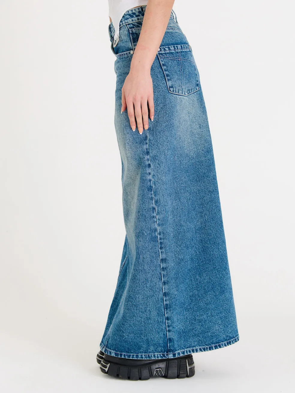 Vintage Washed Denim Maxi Skirt