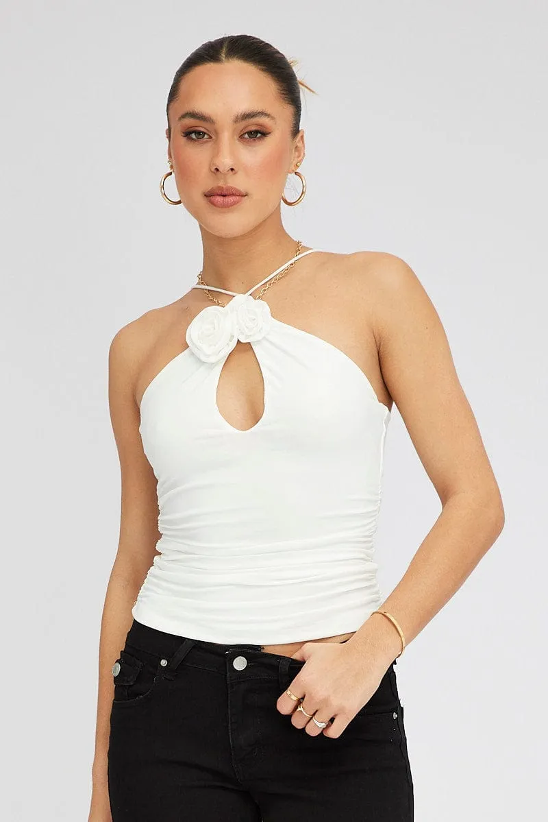 White Rose Top Halter Neck Crossover Rosette Stretch