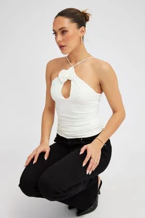 White Rose Top Halter Neck Crossover Rosette Stretch