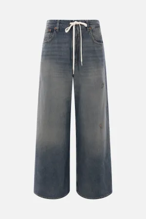 wide-leg denim jeans with drawstring